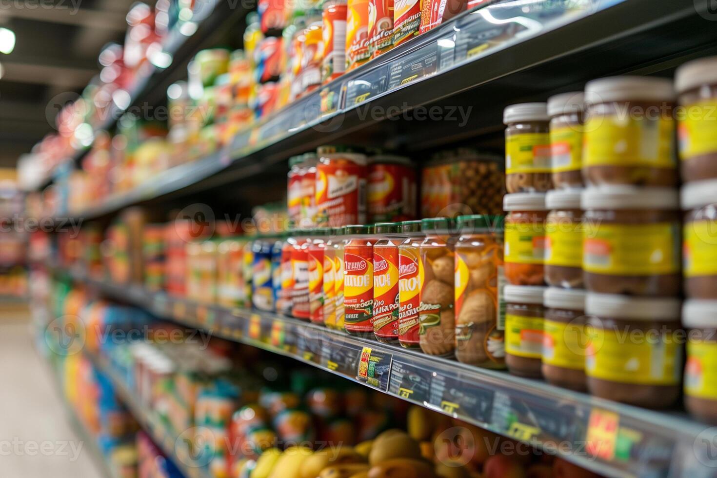 ai gegenereerd supermarkt schappen met verschillend producten, Ondiep diepte van veld- foto