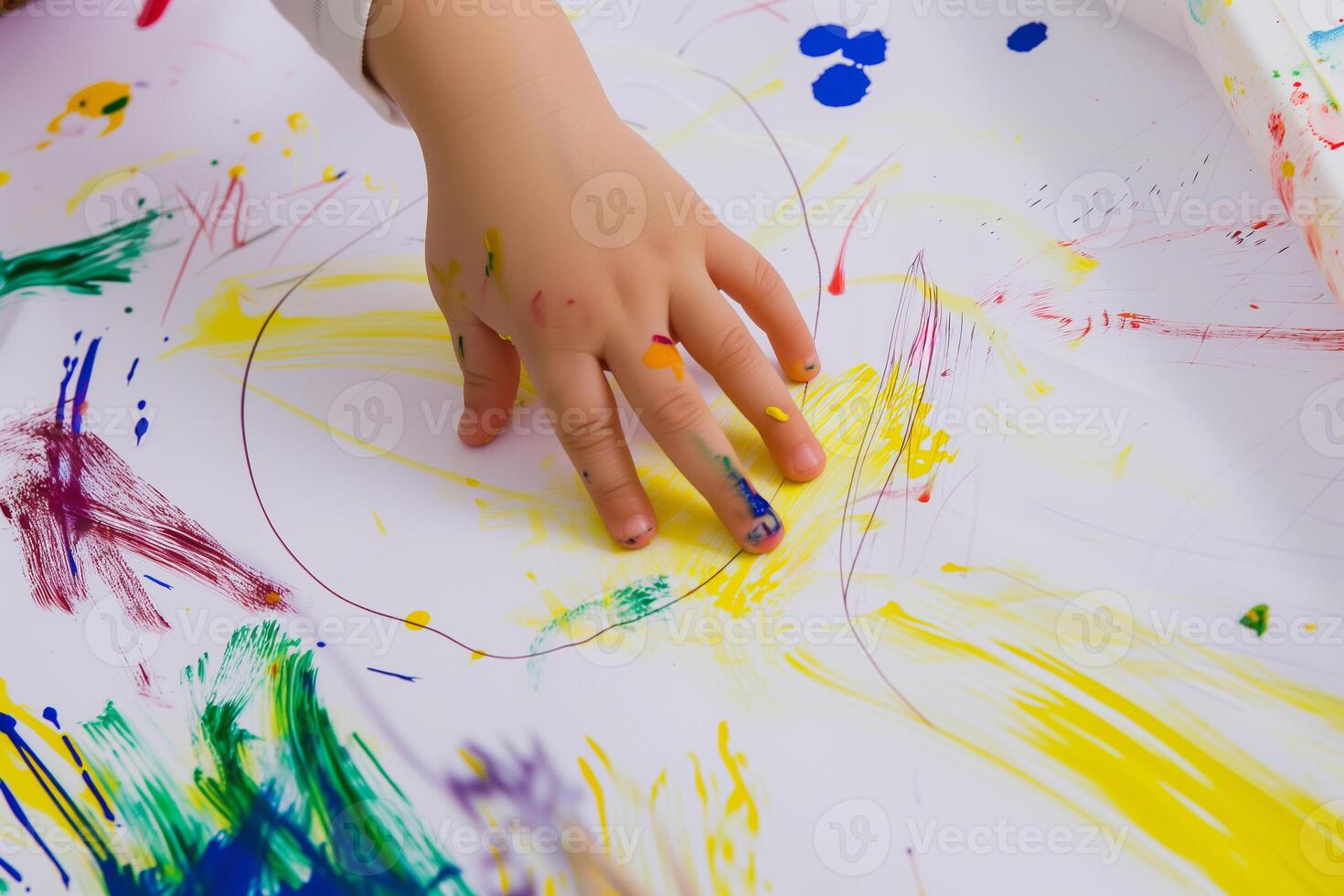 ai gegenereerd kind hand- Aan een vel van papier met een kind tekening foto