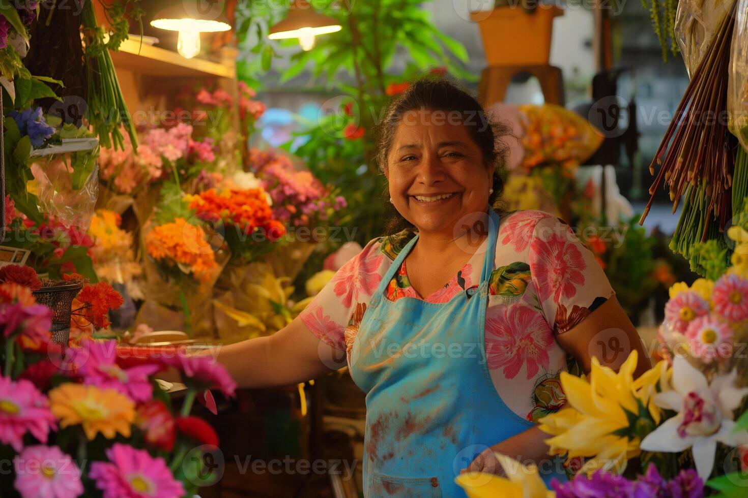 ai gegenereerd portret van volwassen Aziatisch vrouw bloemist werken in bloem winkel foto