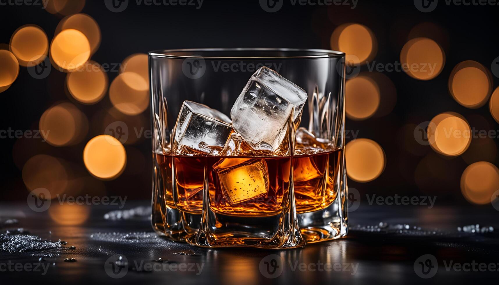 ai gegenereerd glas van whisky met ijs en eik bladeren Aan een donker achtergrond foto