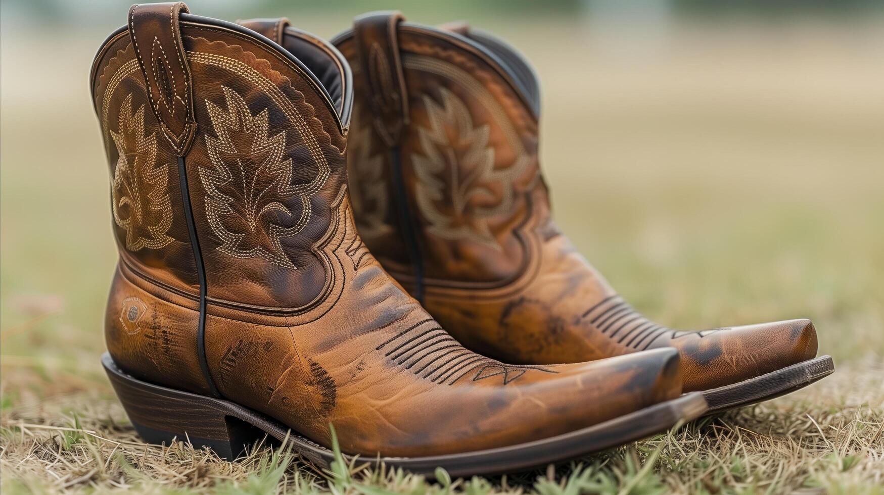 ai gegenereerd bruin reliëf leer cowboy laarzen Aan gras foto