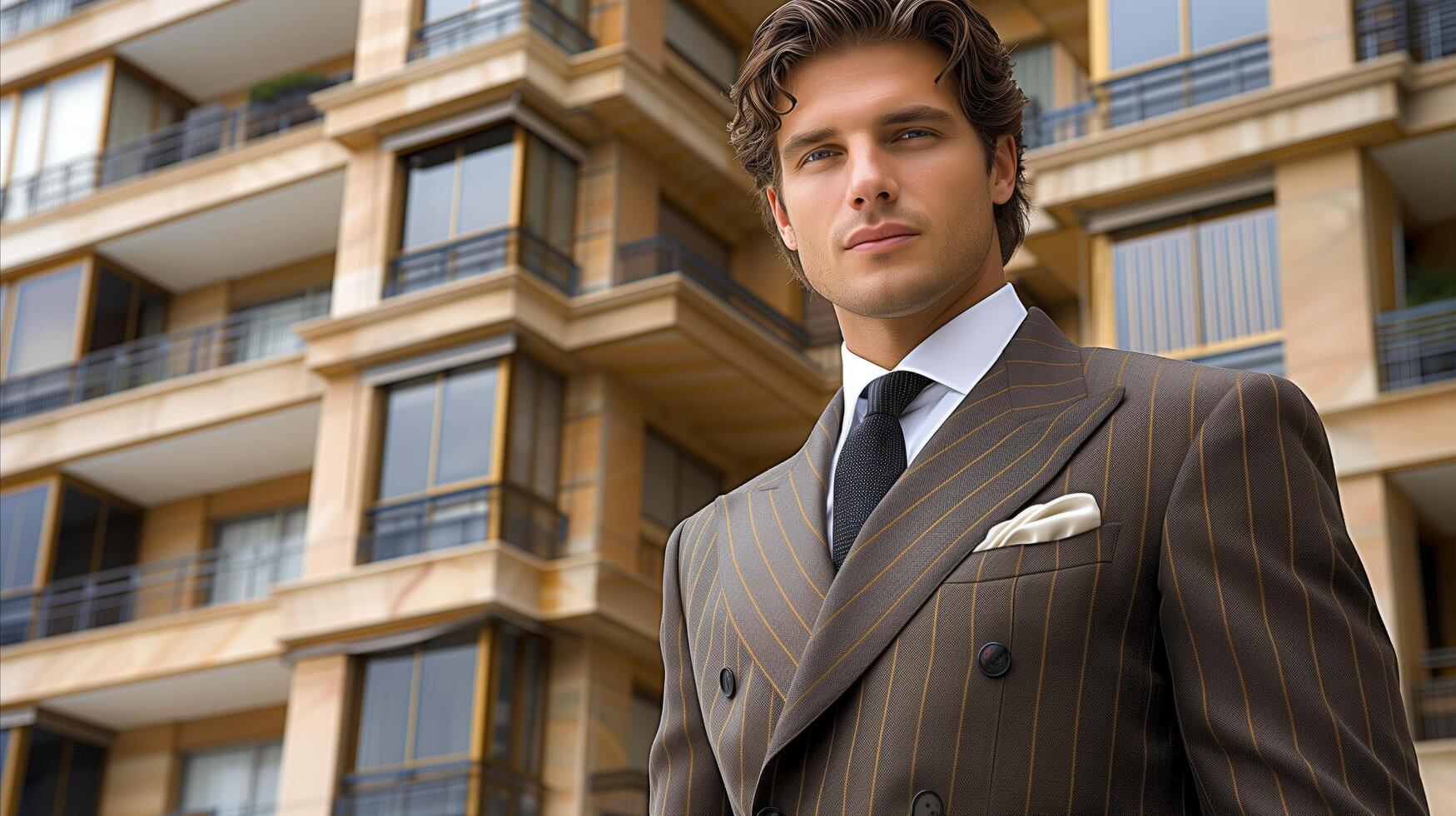ai gegenereerd zelfverzekerd jong zakenman in elegant pak staand buiten modern gebouw foto