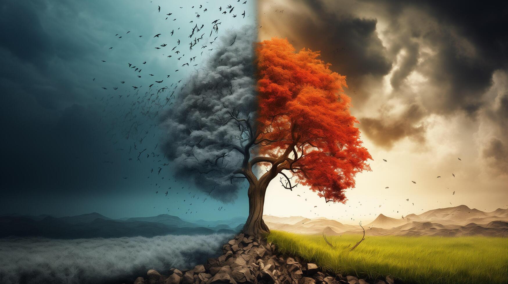 ai gegenereerd klimaat verandering concept. bomen in heet en verkoudheid klimaat, in de stijl van apocalyptisch collage, milieu bewustzijn, rauw versus afgerond, contrasterend balans foto