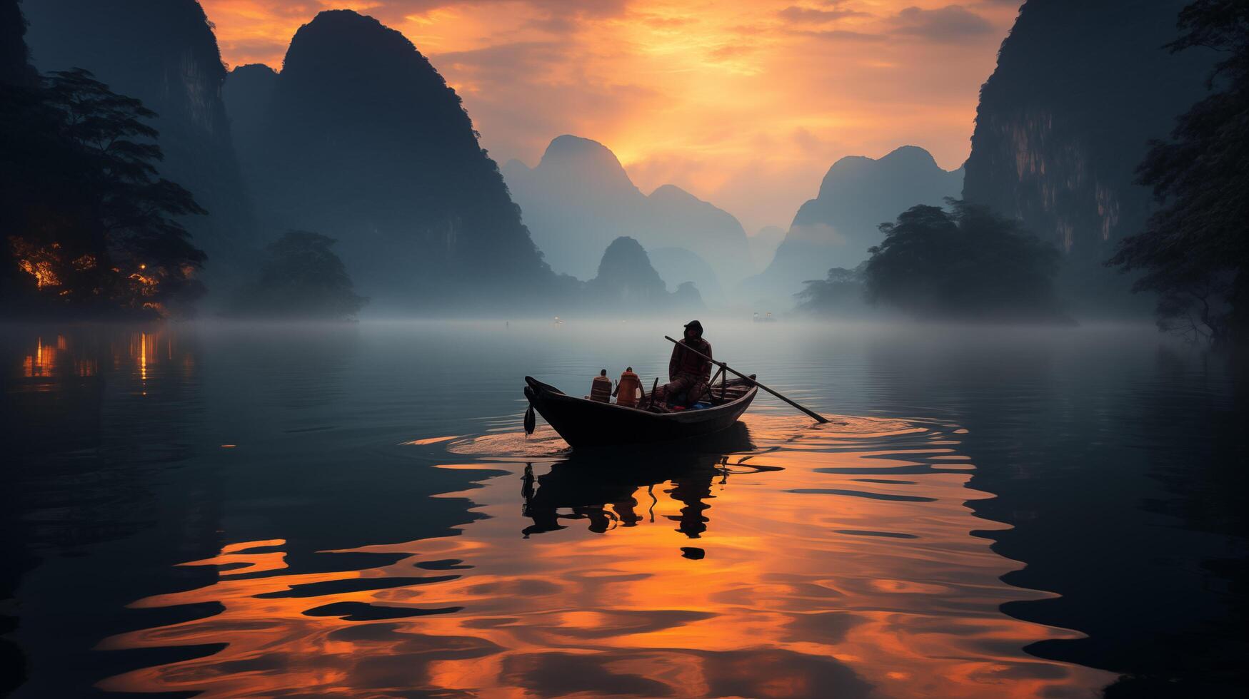 ai gegenereerd li rivier, China. kalksteen bergen in de nevelig ochtend. foto