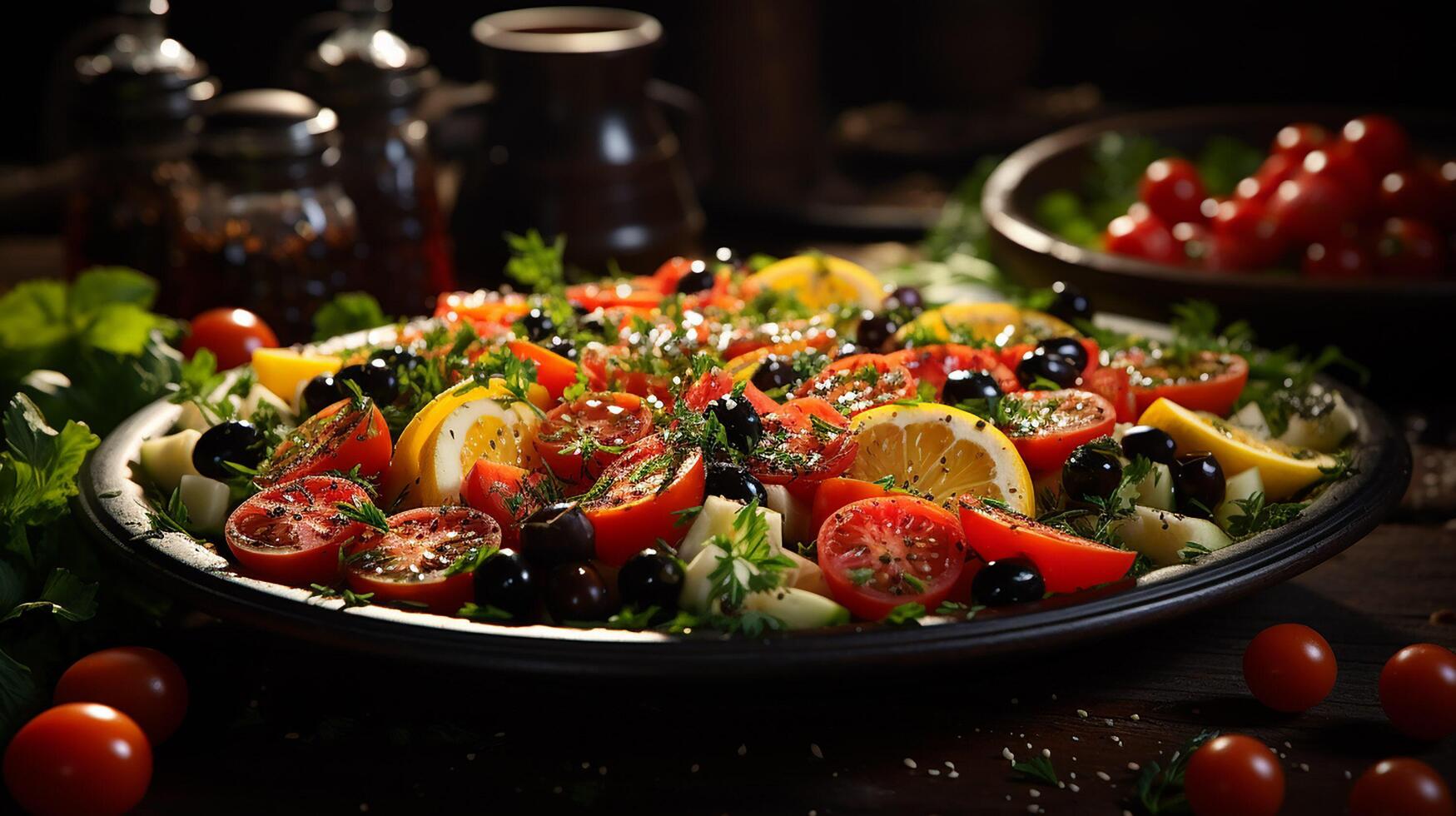 ai gegenereerd vers salade met biologisch groenten en zwart olijven foto