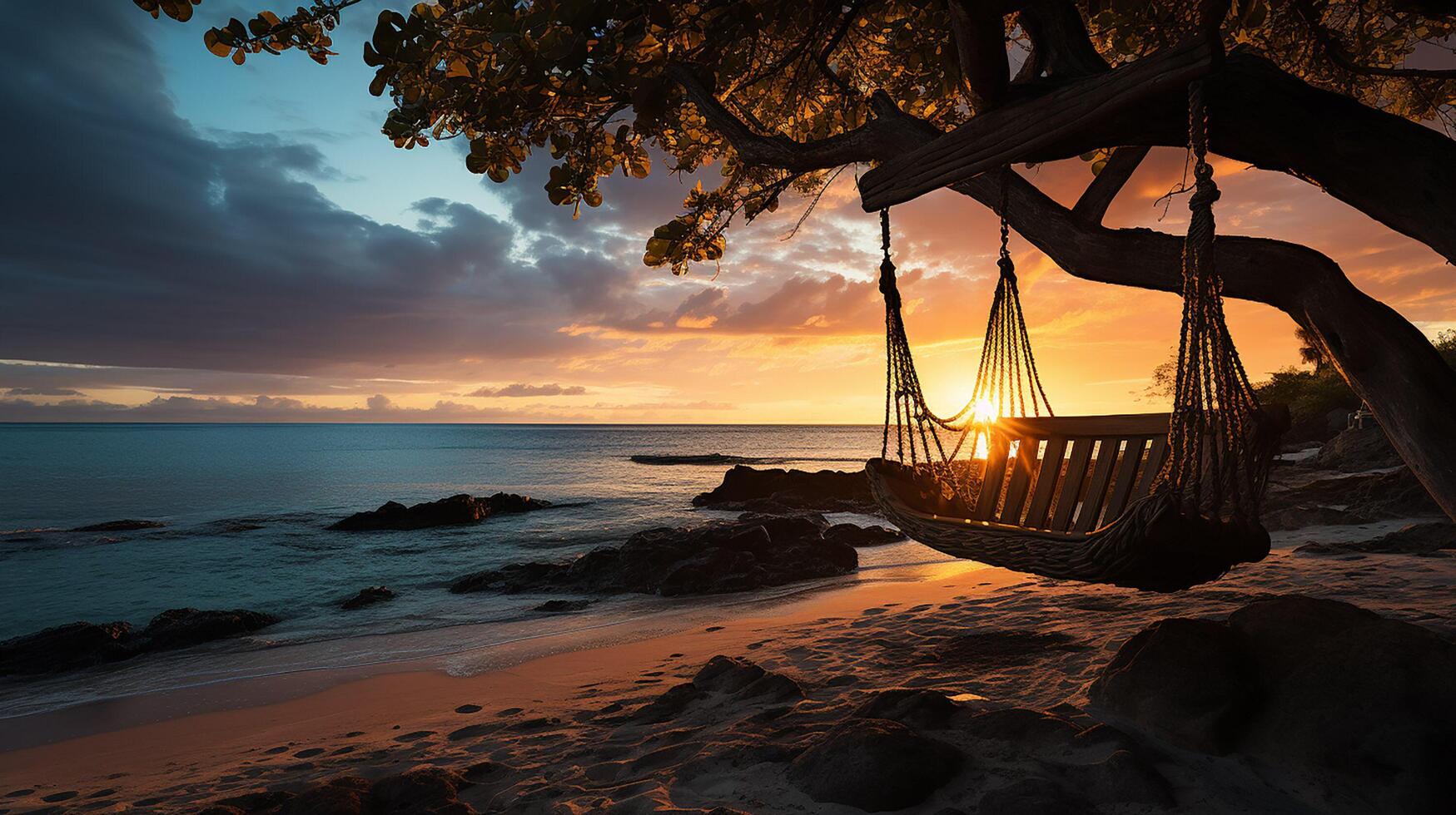 ai gegenereerd zonsopkomst, tropisch strand paradijs net zo zomer landschap met strand schommel of hangmat en wit zand, kalmte zee sereen strand. luxe strand vakantie zomer vakantie. foto