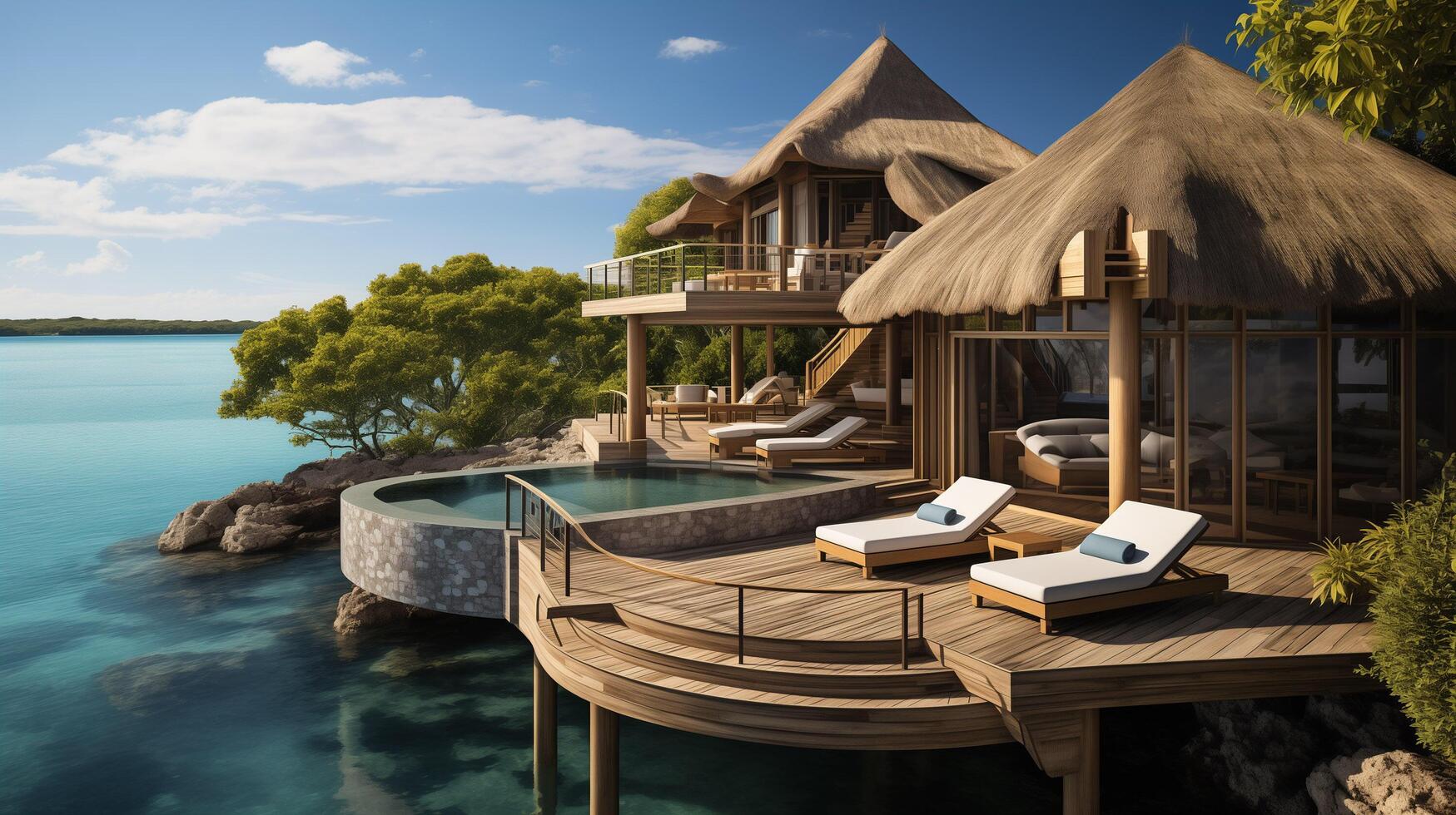 ai gegenereerd fantastisch over- water villa, terras visie met zon bedden stoelen onder paraplu, luxe zwembad hotel met verbijsterend oceaan visie foto