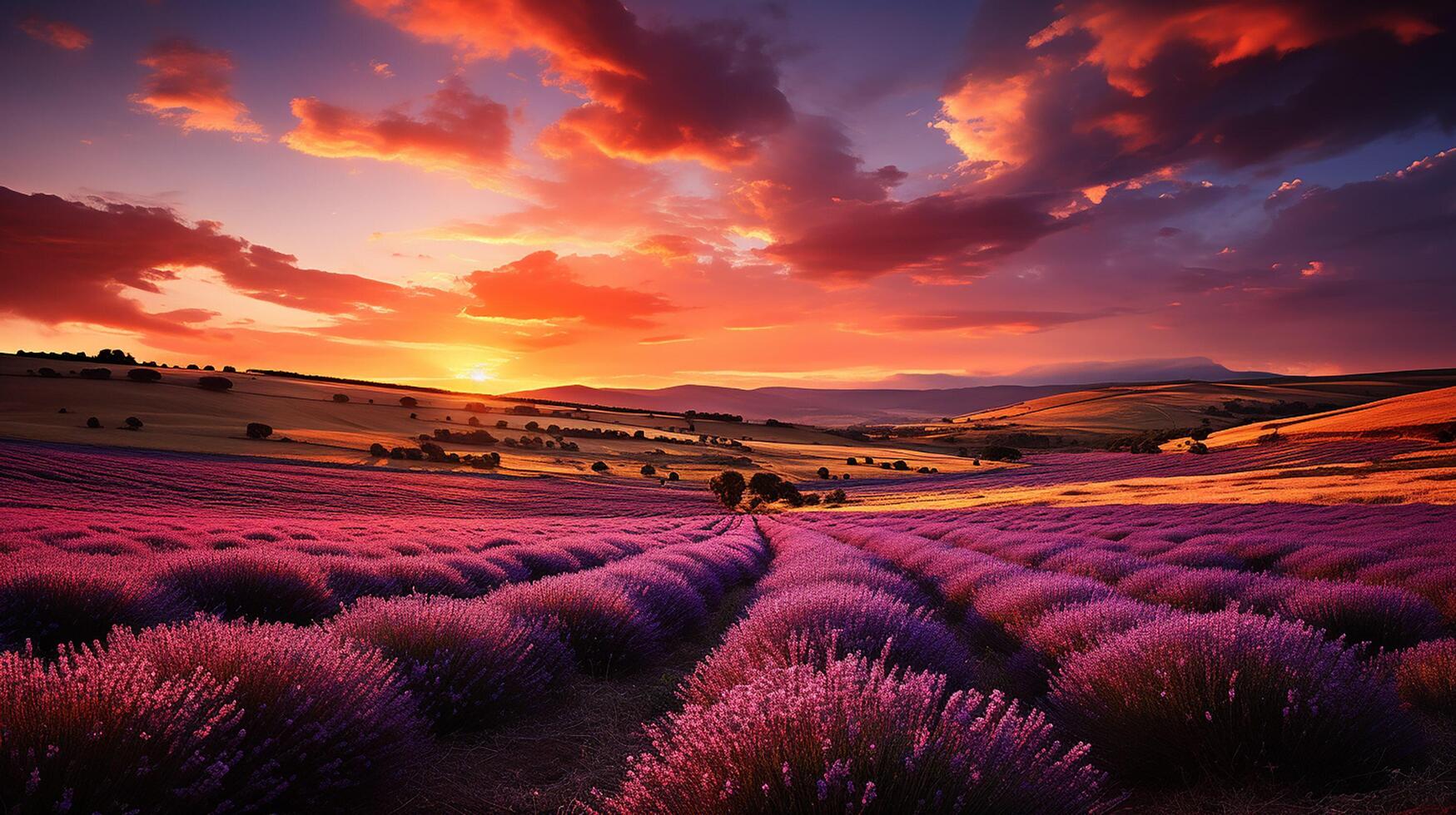 ai gegenereerd geweldig landschap, verbazingwekkend zomer landschap van bloeiend lavendel bloemen, vredig zonsondergang visie, landbouw toneel. mooi natuur achtergrond foto