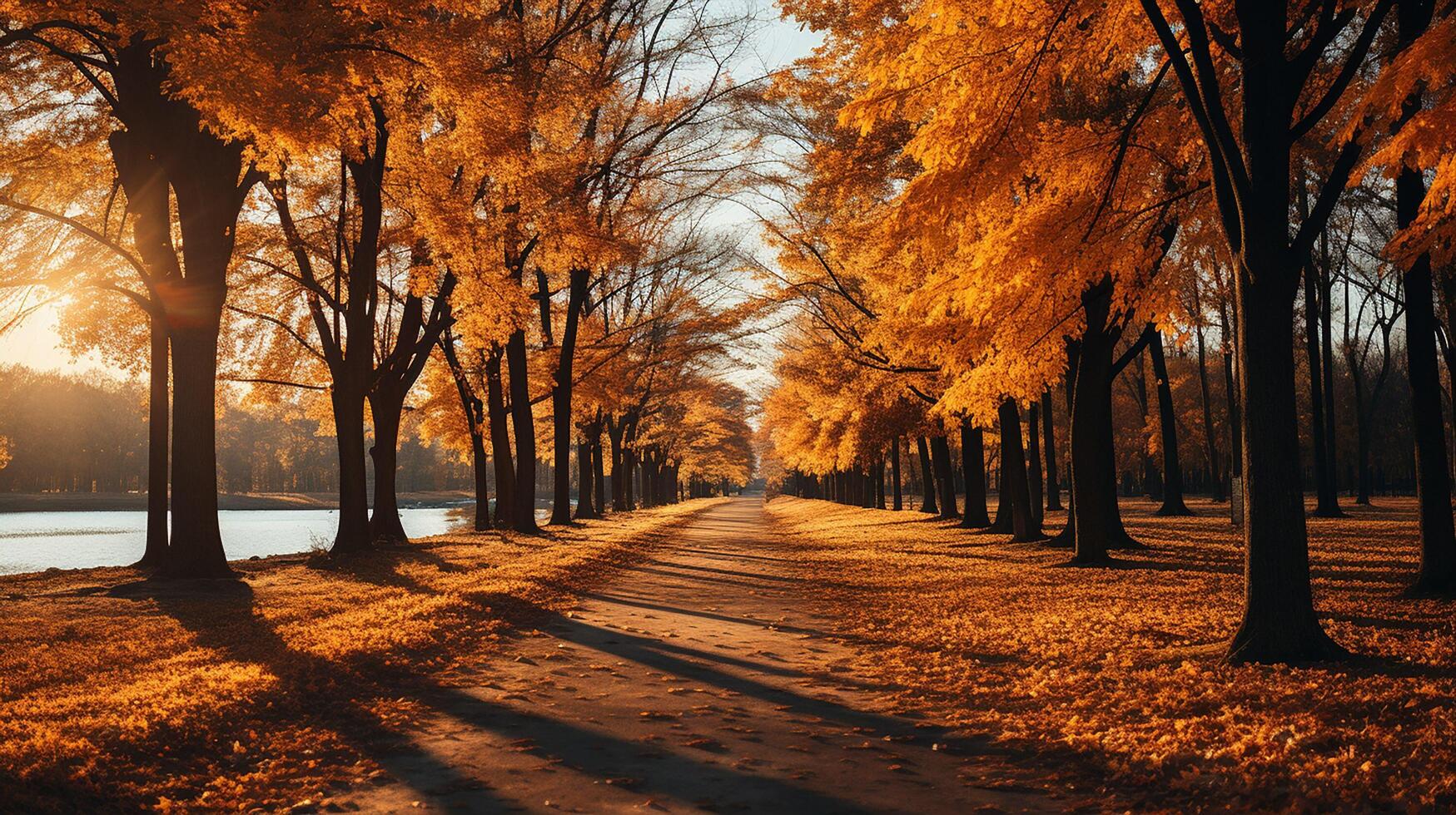 ai gegenereerd verbazingwekkend herfst landschap. panoramisch Woud natuur. kleurrijk Woud met zon stralen oranje gouden bladeren bomen. droom fantasie toneel- pad. mooi vallen park voetpad foto