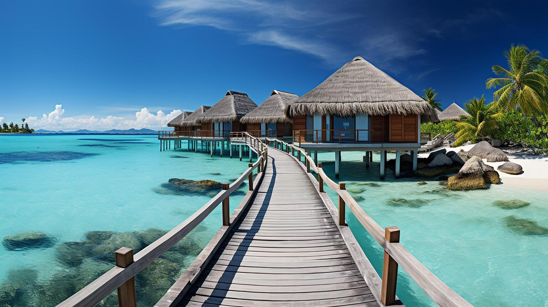 ai gegenereerd verbazingwekkend zonnig panorama Bij Maldiven. luxe toevlucht villa's zeegezicht met boost omhoog kleuren, blauw zee lucht, fantastisch steiger. perfect zomer vakantie vakantie achtergrond. foto