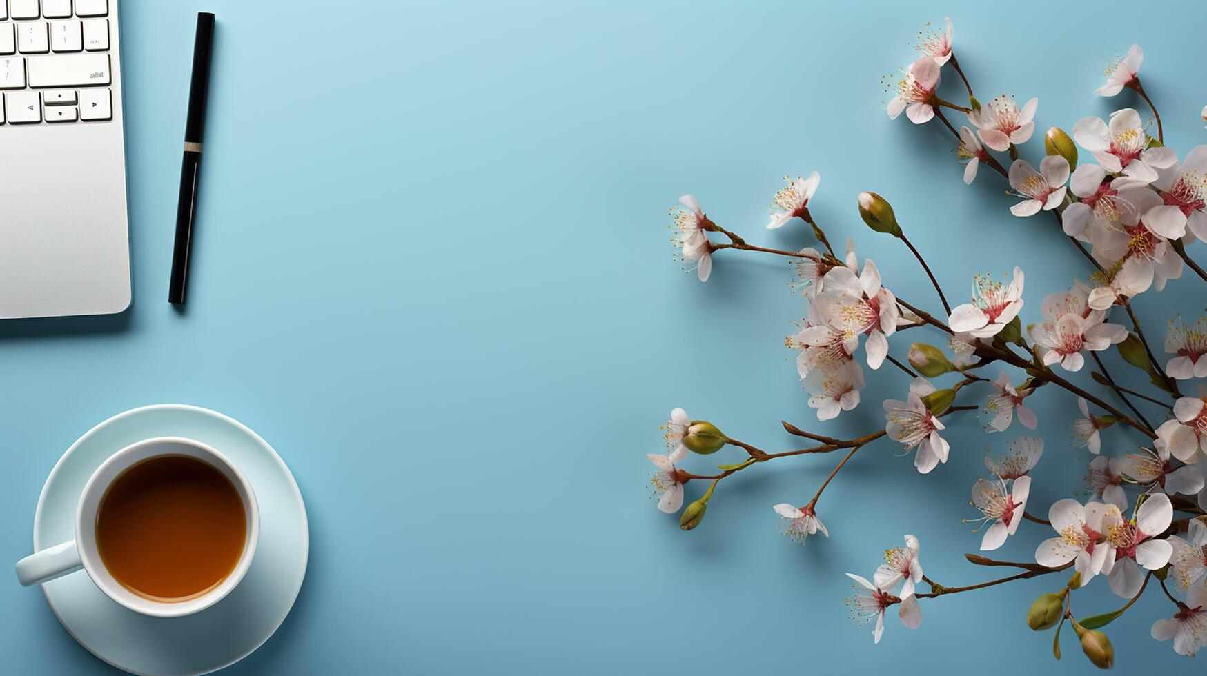 ai gegenereerd bedrijf concept, ontspanning in werken tijd, drinken koffie nemen een breken Aan schoon licht blauw kantoor tafel, kopiëren ruimte, vlak leggen, top visie. foto