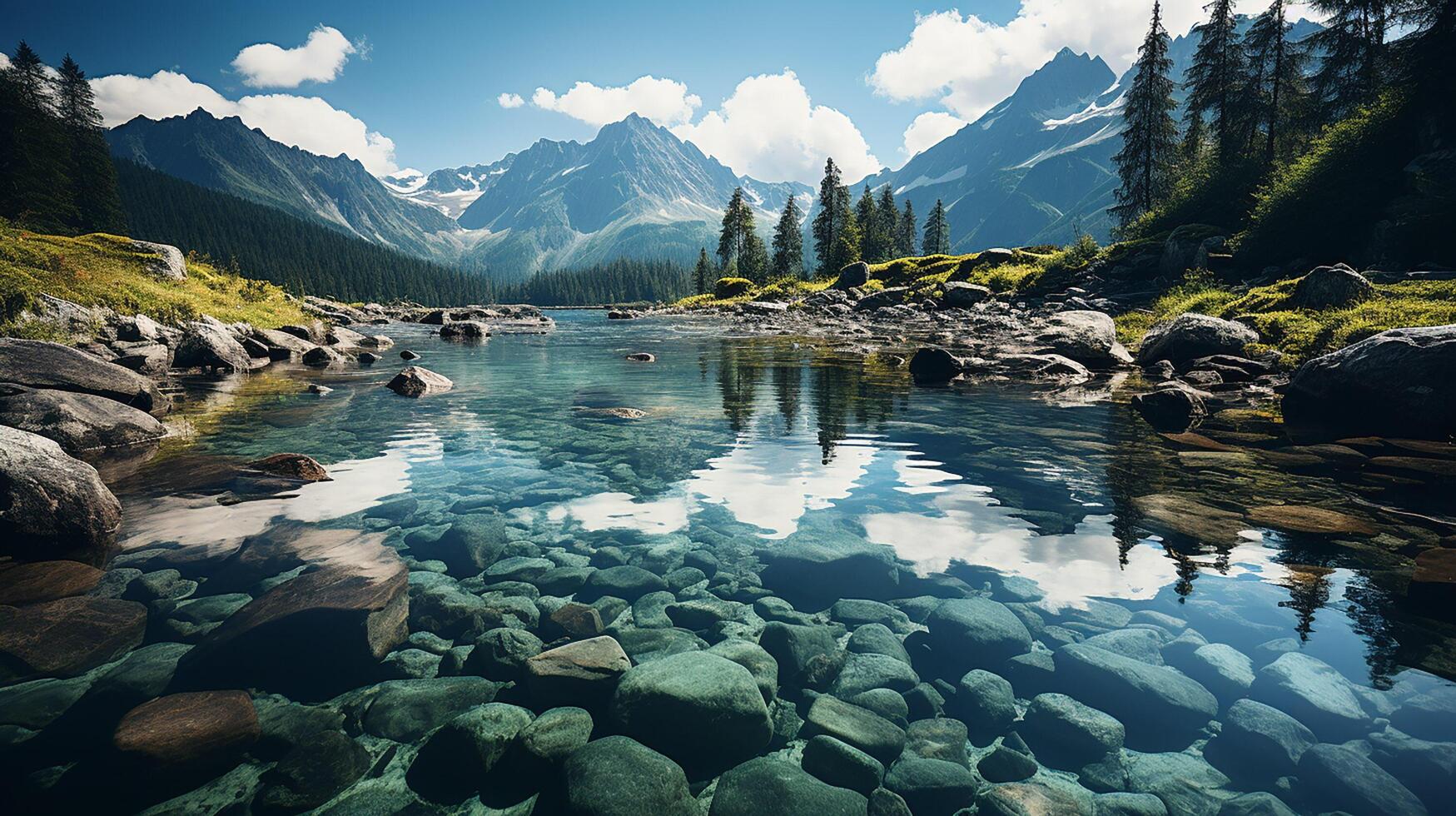 ai gegenereerd geweldig natuur landschap. mooi tafereel met hoog tatra berg pieken, stenen in berg meer, kalmte meer water, reflectie, kleurrijk zonsondergang lucht. foto