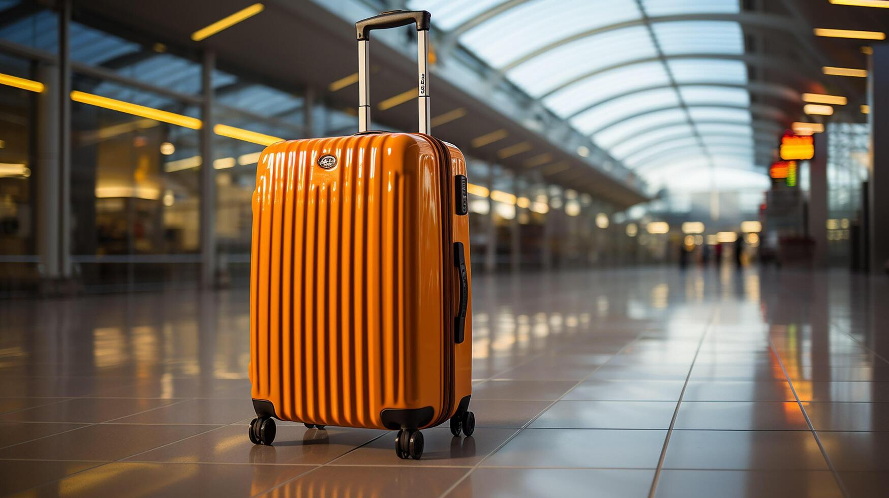 ai gegenereerd oranje koffer in luchthaven terminal reizen en vakantie concept foto