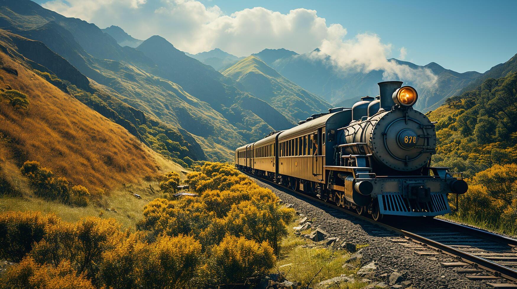 ai gegenereerd trein Aan de spoorweg, verbazingwekkend berg achtergrond foto