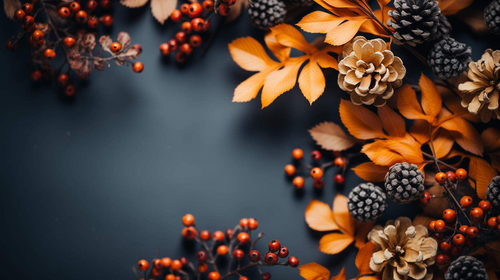 ai gegenereerd herfst bladeren met pijnboom kegels en bessen en een vel van perkament papier Aan een donker grijs achtergrond van bovenstaande. met ruimte voor tekst. foto