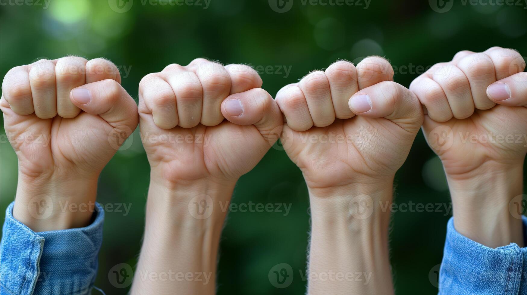 ai gegenereerd verheven vuisten in solidariteit, kracht, en eenheid Aan groen achtergrond foto