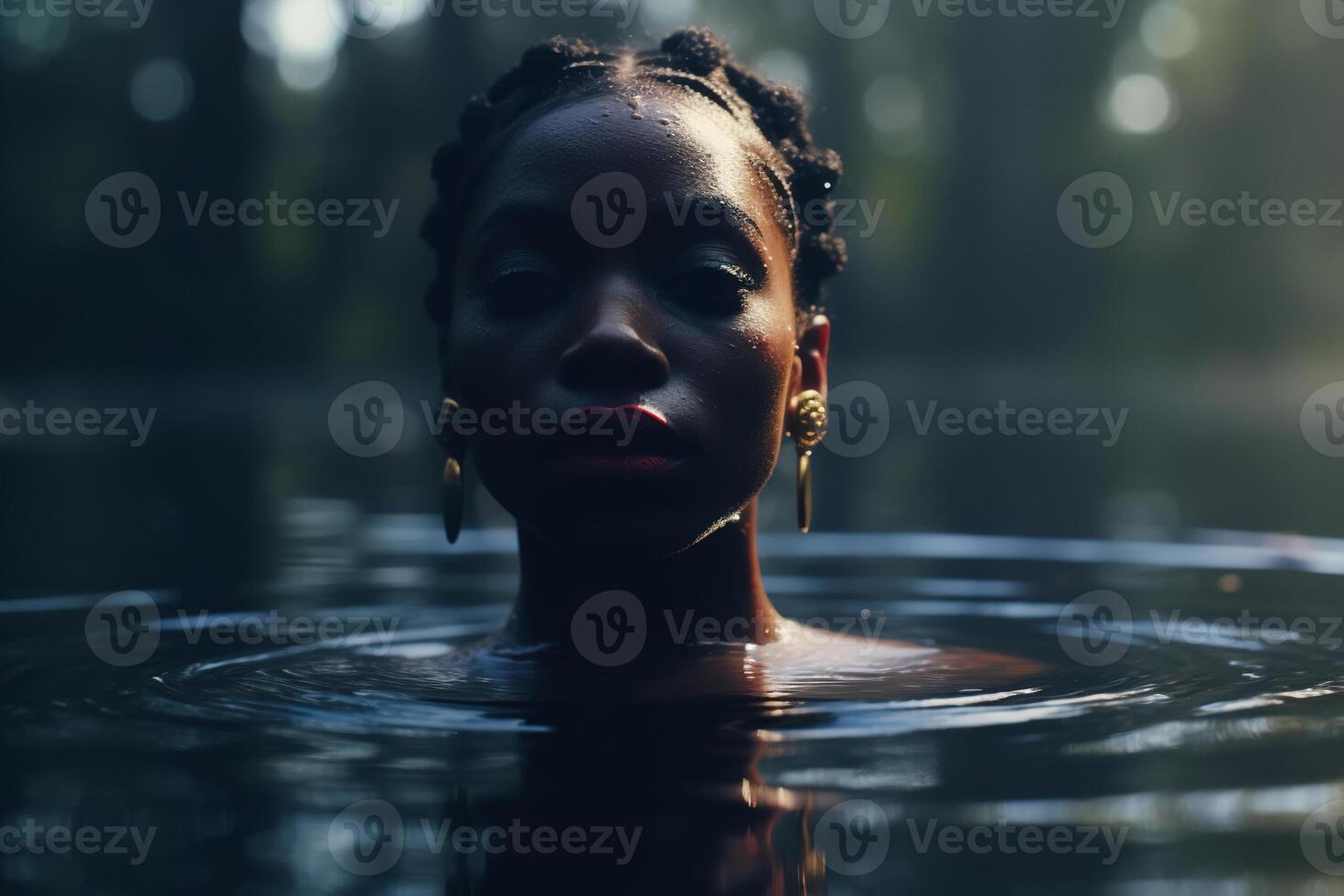 ai gegenereerd vrouwelijkheid portret in laag sleutel. Afrikaanse Amerikaans vrouw in water in natuur beoefenen wild zwemmen in vijver en op zoek Bij camera foto