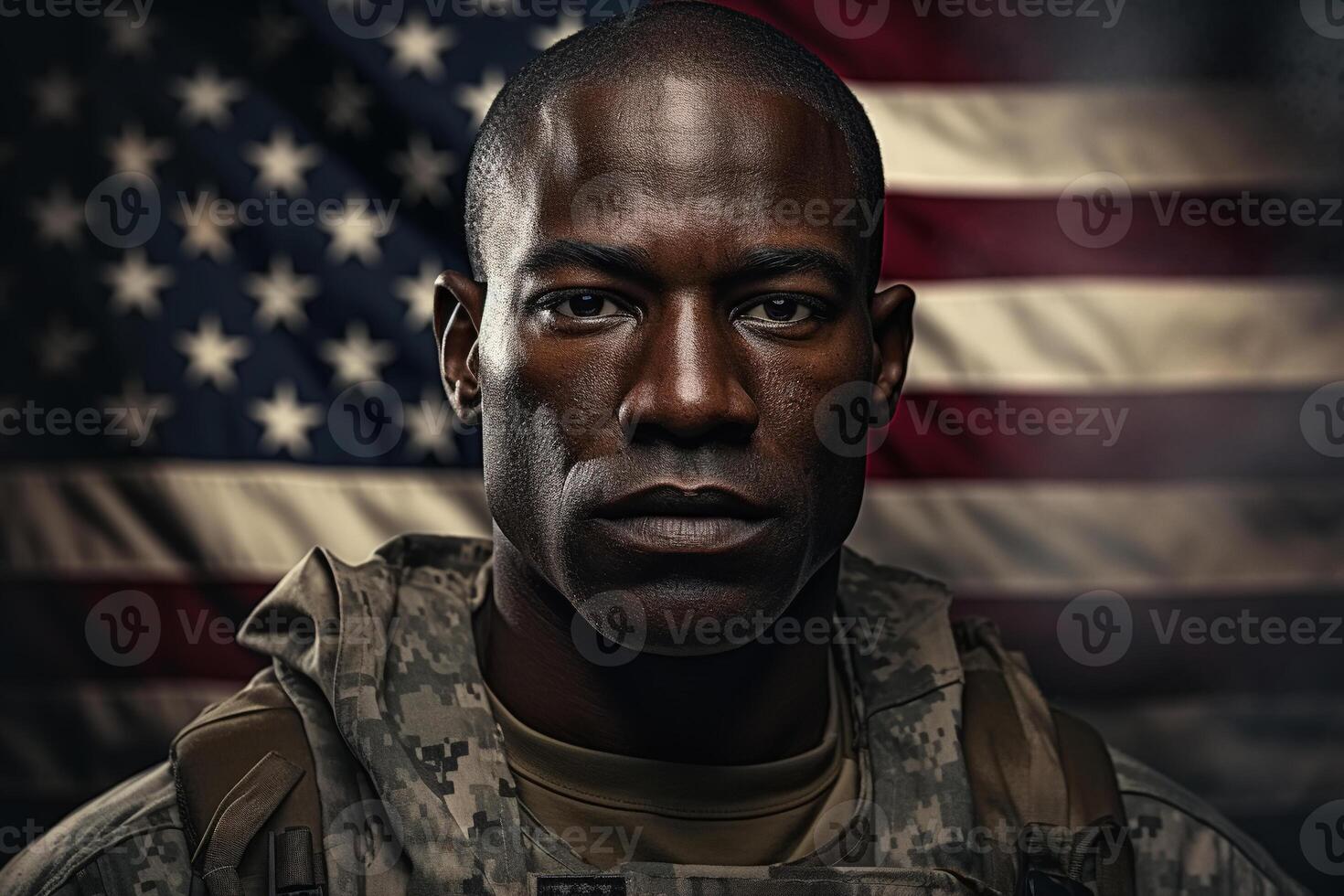 ai gegenereerd nationaal patriot dag en gedenkteken concept. portret van een Afrikaanse Amerikaans mannetje soldaat in leger uniform tegen de achtergrond van de Amerikaans vlag foto