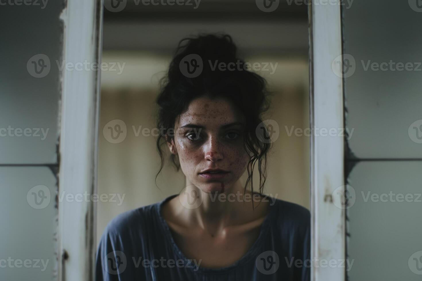 ai gegenereerd geslagen omhoog van streek verdrietig jong vrouw met bloed vlekken Aan gezicht weerspiegeld in spiegel, op zoek Bij camera. fysiek misbruik, vernedering, geweld, vrouw mentaal wanorde concept foto