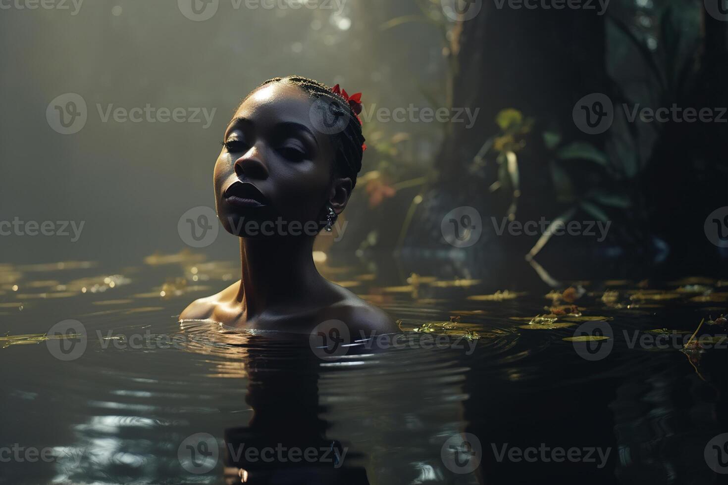 ai gegenereerd Afrikaanse Amerikaans vrouw in water in wild Woud vijver in natuur op zoek Bij camera, vrouwelijkheid portret in laag sleutel foto