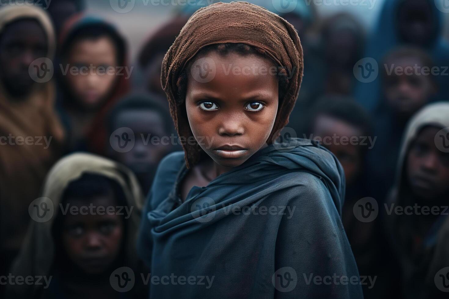 ai gegenereerd groep van Afrikaanse hongerig en arm kinderen op zoek Bij de camera buitenshuis foto