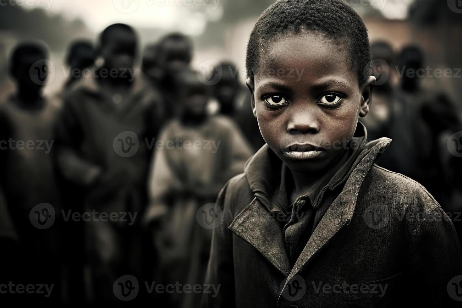 ai gegenereerd menigte van hongerig arm Afrikaanse kinderen, verdrietig vuil weinig jongen op zoek Bij camera buitenshuis. sociaal kwestie, globaal probleem van armoede en honger foto