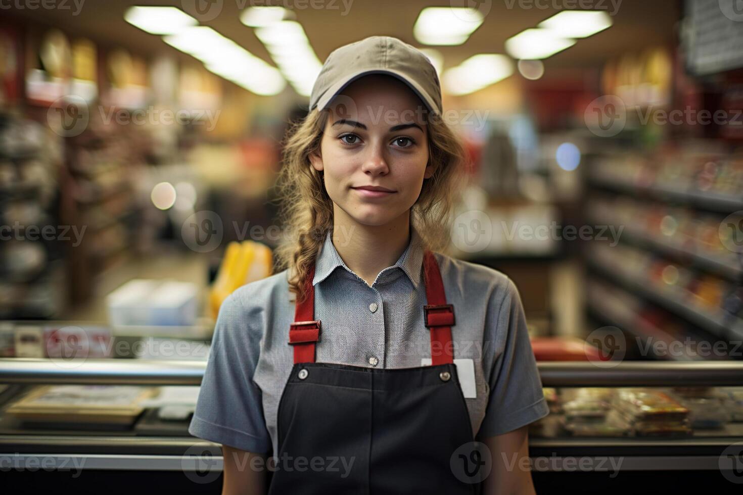 ai gegenereerd jong vrouw stagiair verkoper in een op te slaan, vrouw consultant in een schort en pet op zoek Bij camera foto