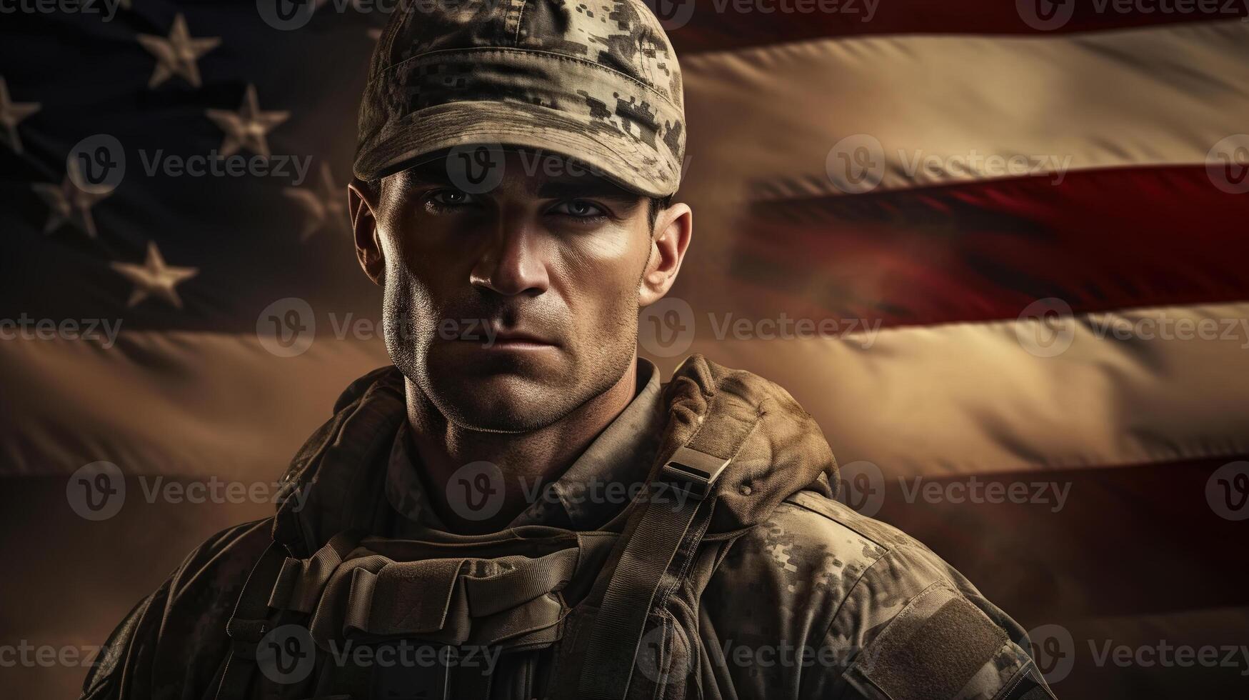 ai gegenereerd portret van echt volwassen mannetje soldaat Aan achtergrond van Amerikaans vlag, patriot in leger uniform op zoek Bij camera. patriot en geheugen dag concept foto