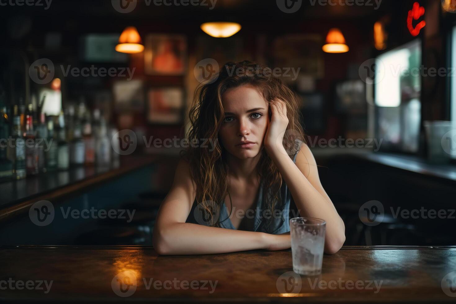 ai gegenereerd eenzaam depressief vrouw zittend in bar met glas van alcohol en op zoek Bij camera, Kaukasisch moe jong vrouw alcoholisch. vrouw alcoholisme, slecht gewoonte verslaving concept foto