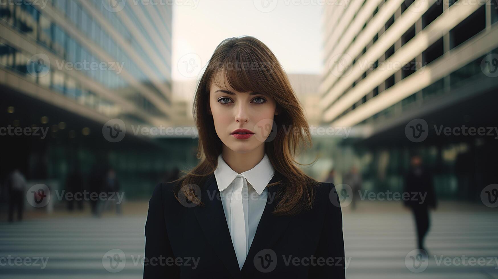 ai gegenereerd bedrijf portret, zelfverzekerd jong Kaukasisch vrouw in een pak staand Aan straat en op zoek Bij camera, bokeh haast mensen in achtergrond foto