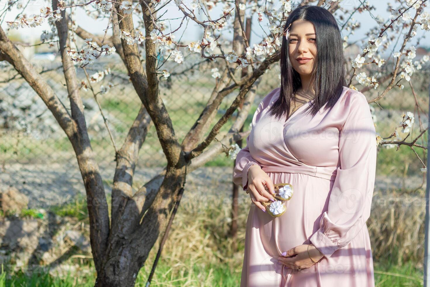 de zwanger vrouw in de park, mooi vrouw in de park, zwanger vrouw in voorjaar foto