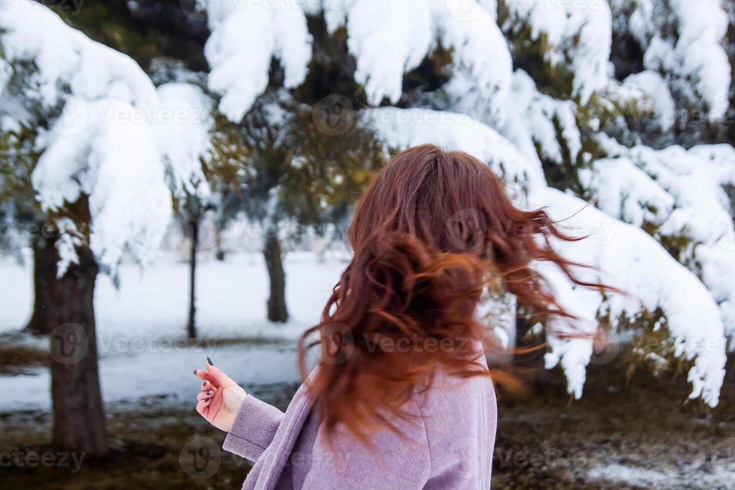 mooi jong vrouw in winter park, rood haren meisje in de park in winter foto