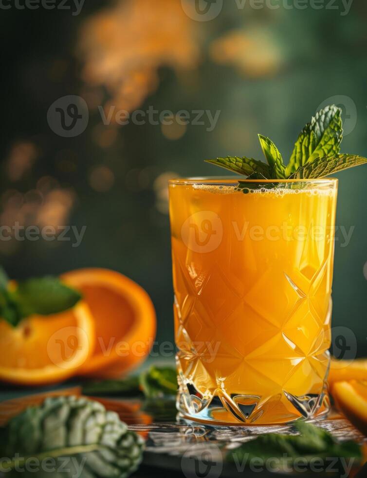 ai gegenereerd oranje sap in glas met munt bladeren, traditioneel Mexicaans voedsel foto