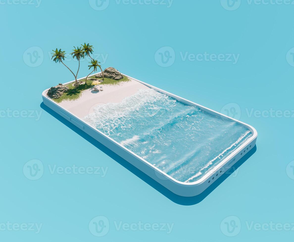 smartphone met tropisch strand en palm bomen Aan blauw achtergrond foto