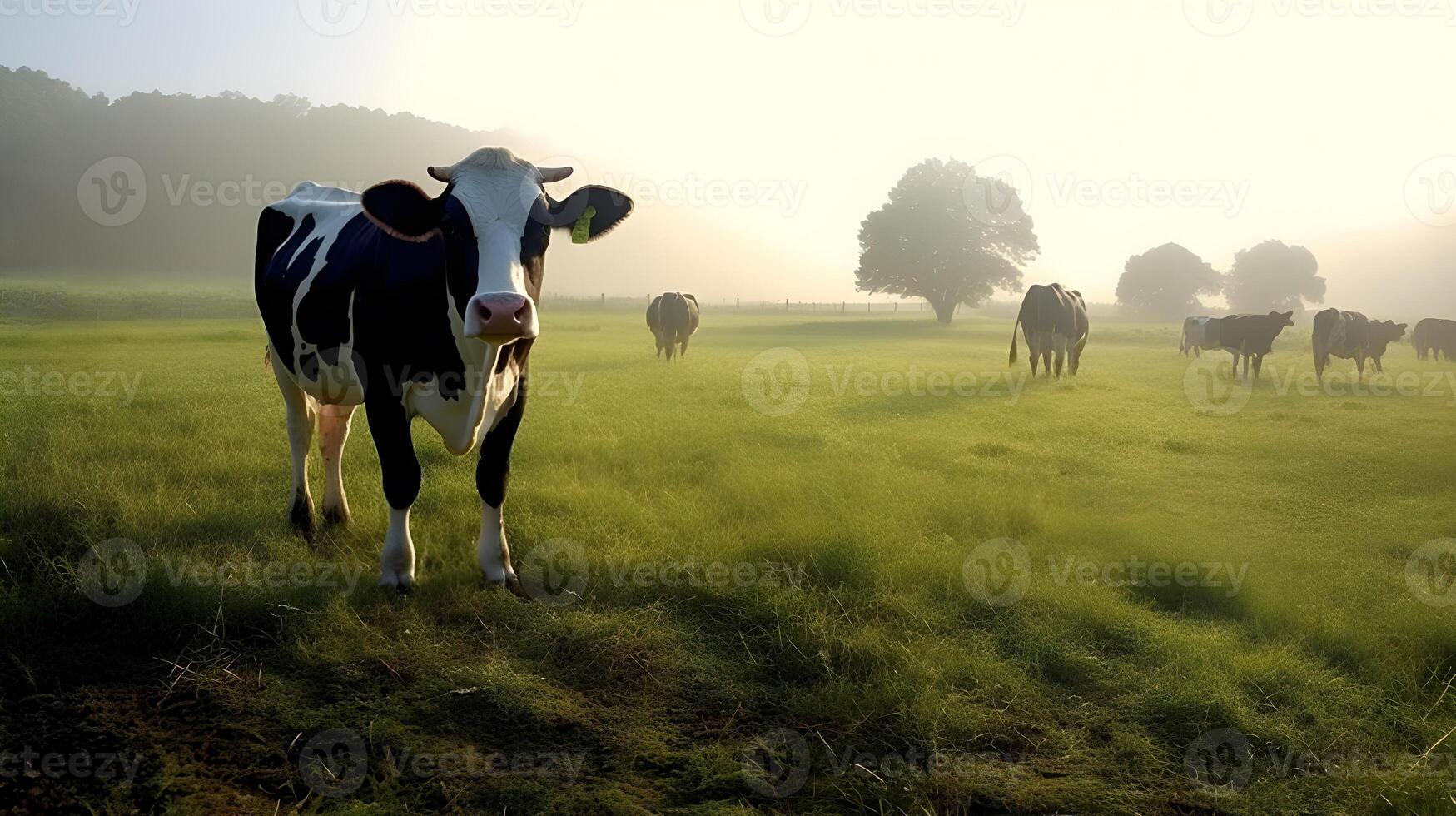 ai gegenereerd vredig tafereel van een kudde van koeien grazen. gemaakt met generatief ai foto