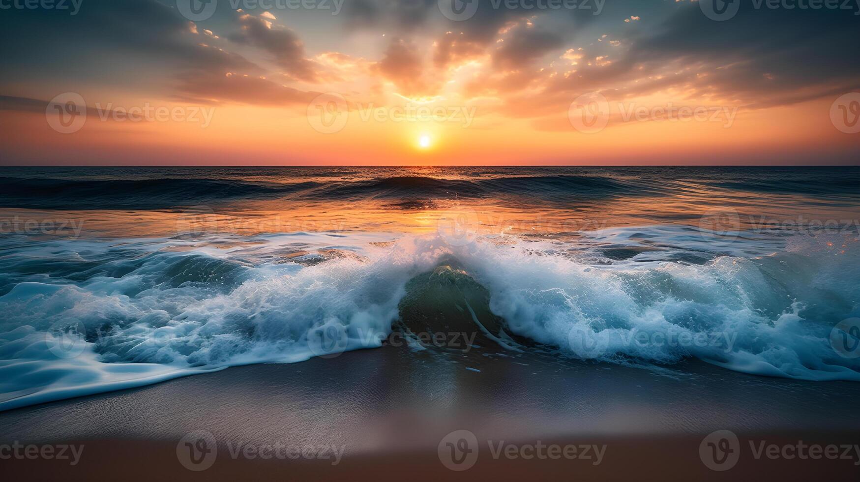 ai gegenereerd sereen zonsopkomst over- de zee met mooi schuimend golven het wassen tegen de oever. gemaakt met generatief ai foto