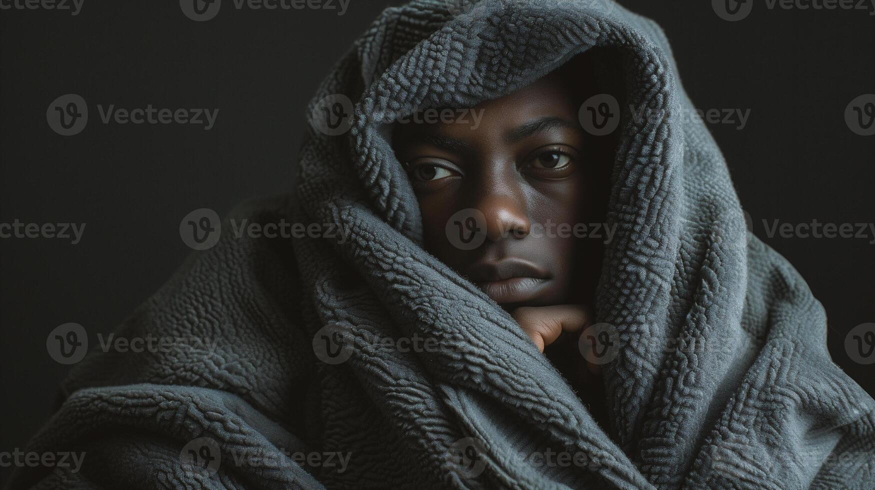 ai gegenereerd portret van jong Afrikaanse Amerikaans vrouw verpakt in grijs deken foto