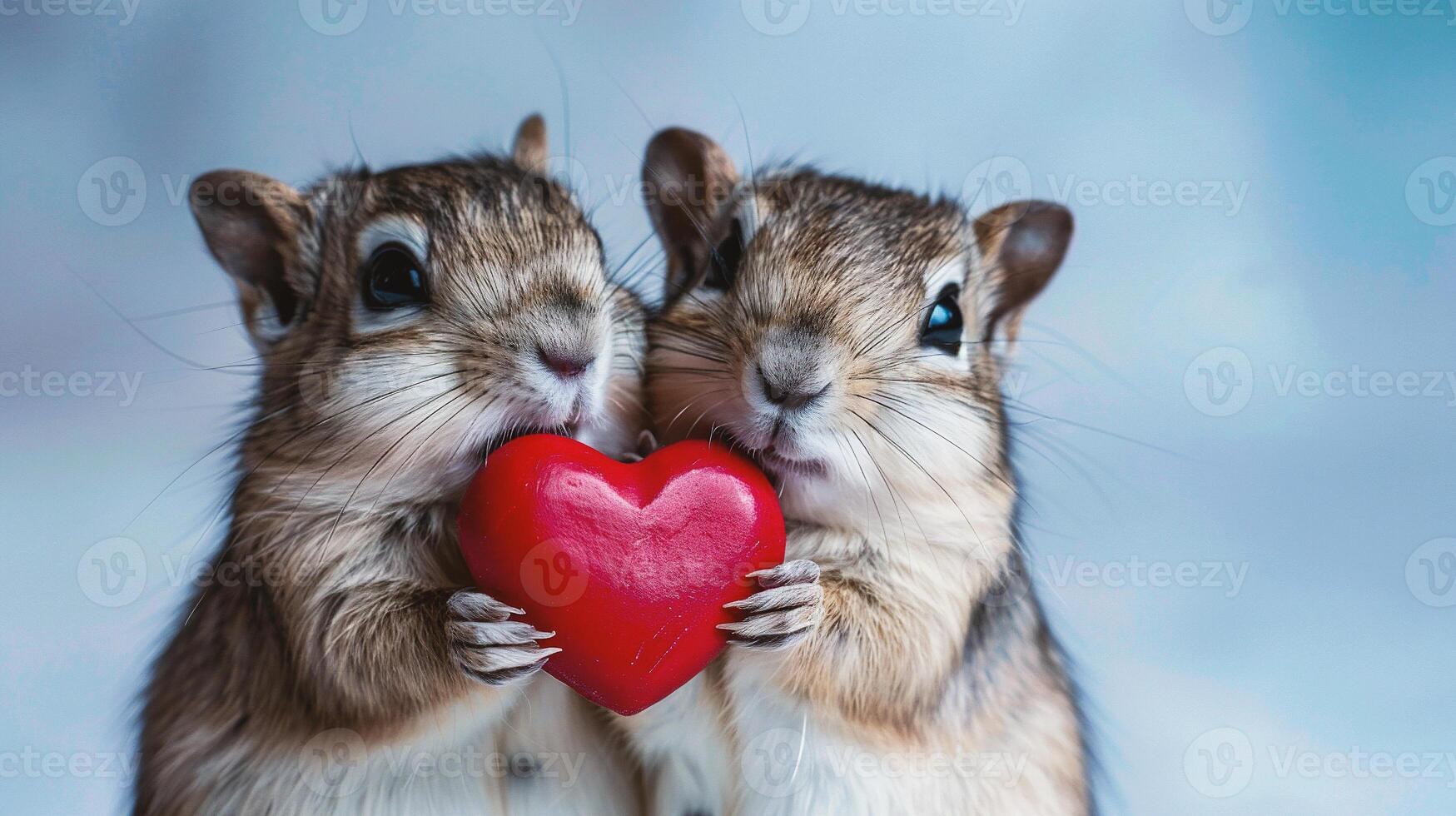 ai gegenereerd grappig chipmunk paar met rood hart Aan blauw achtergrond. foto