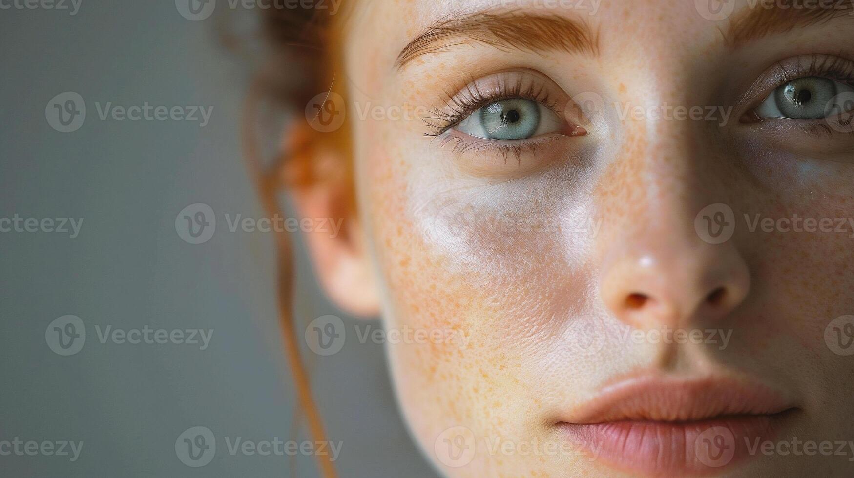 ai gegenereerd detailopname portret van een meisje met sproeten Aan haar gezicht. foto