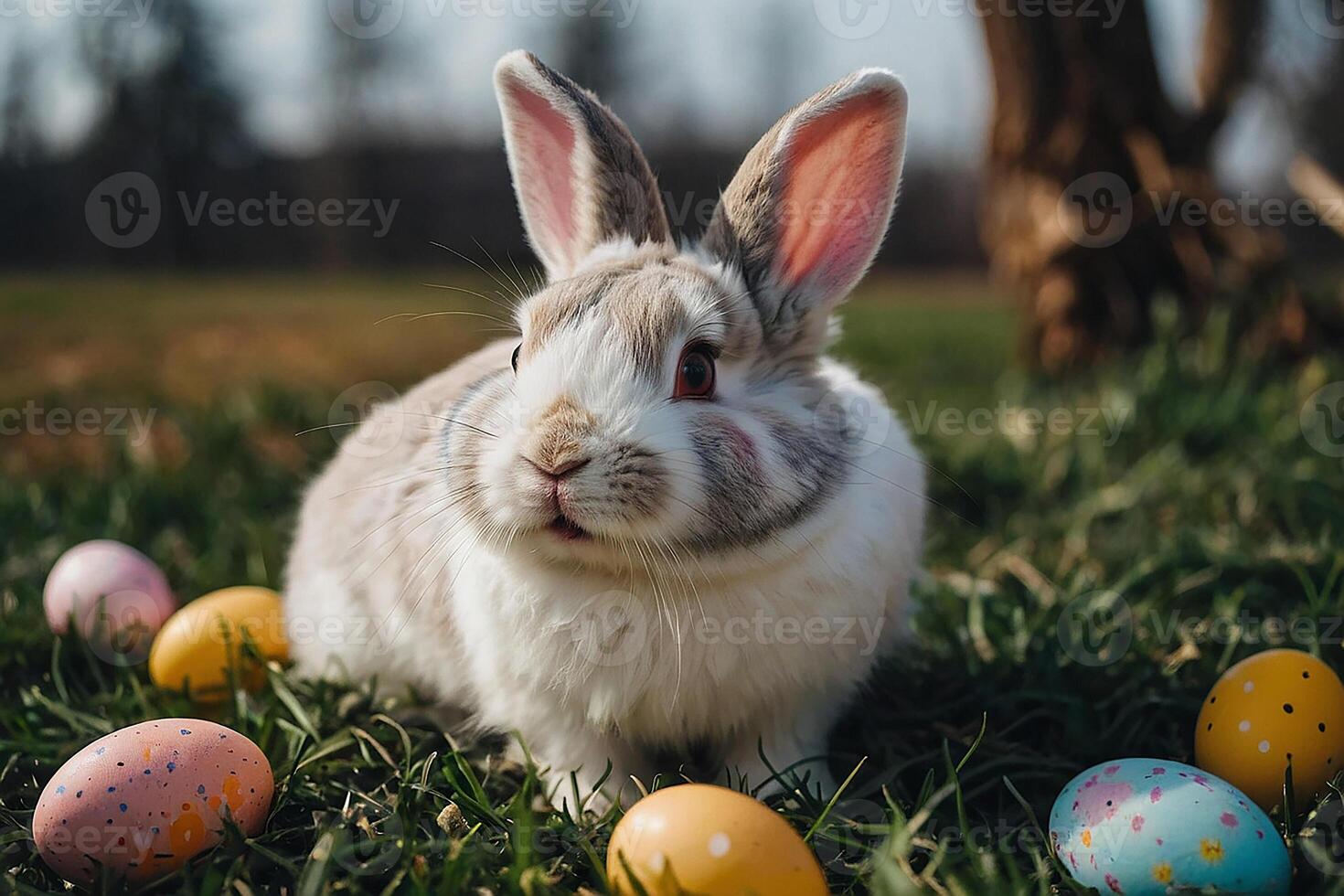 ai gegenereerd kleurrijk schattig Pasen konijn konijn en schattig glimlach foto