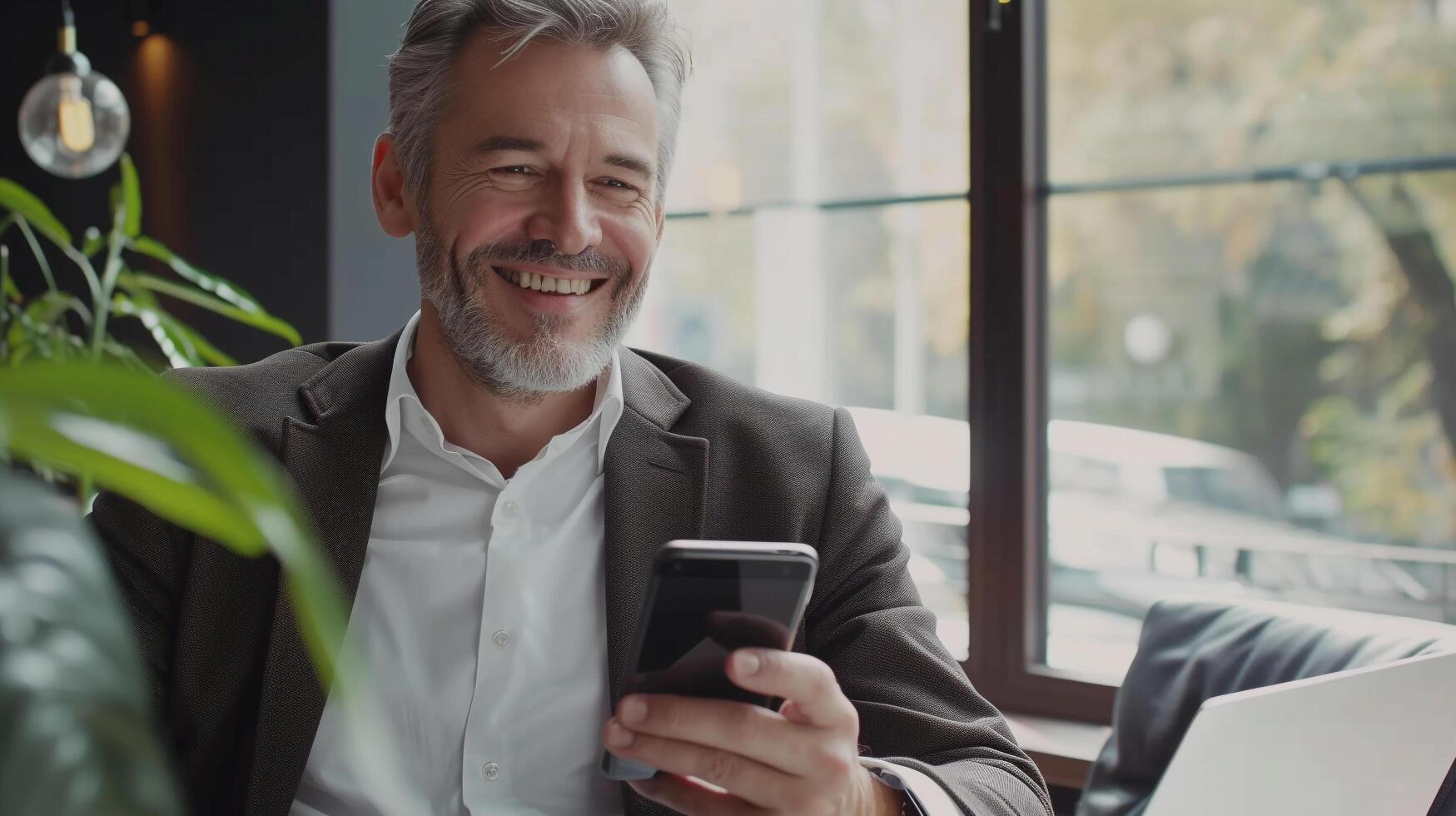 ai gegenereerd midden- oud Kaukasisch bedrijf manager Directeur gebruik makend van smartphone en laptop glimlachen zakenvrouw Holding smartphone zitten in kantoor werken met kopiëren ruimte foto