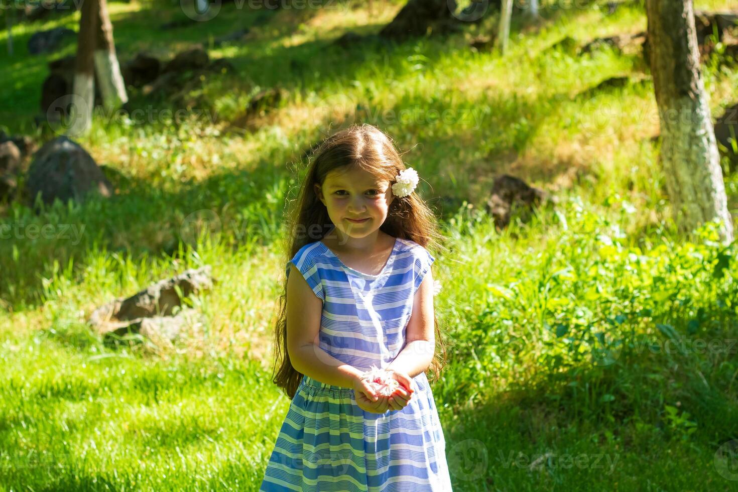 mooi weinig meisje in de natuur, meisje in zomer foto