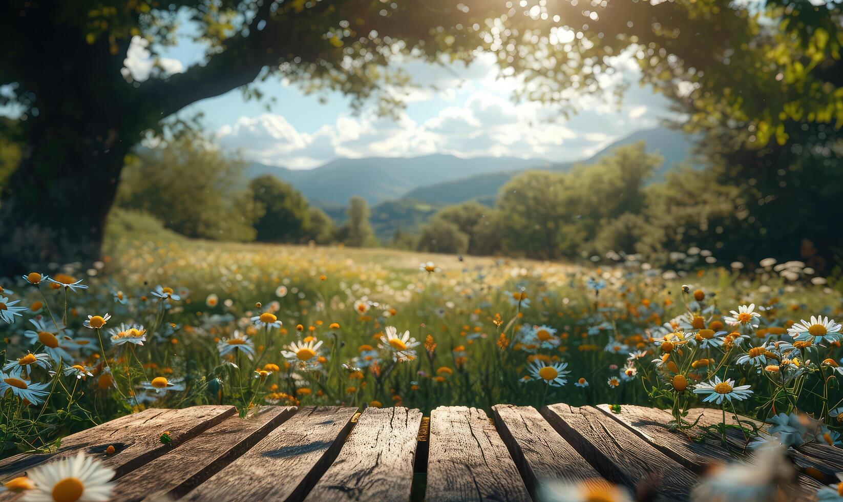 ai gegenereerd tafel Aan een zonnig zomer weide foto