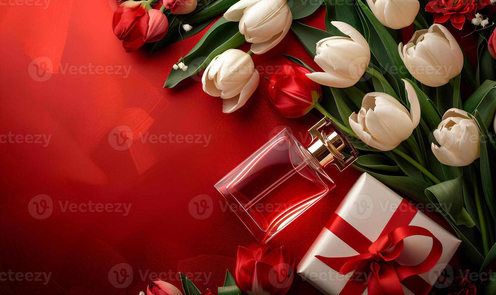 ai gegenereerd fles van parfum en tulpen Aan roze achtergrond, voorjaar vlak leggen foto