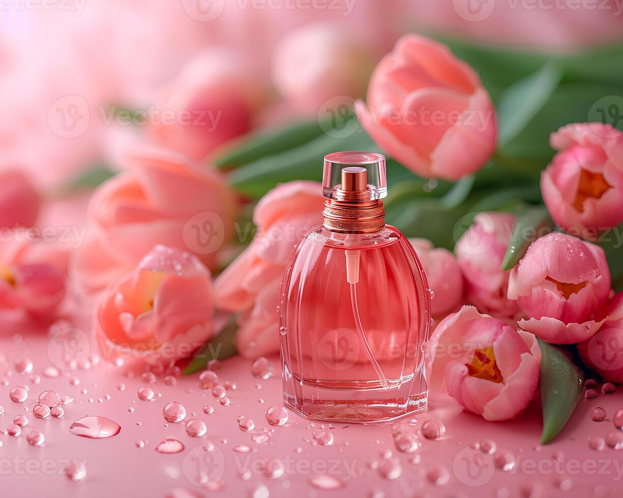 ai gegenereerd fles van parfum en tulpen Aan roze achtergrond, voorjaar vlak leggen foto