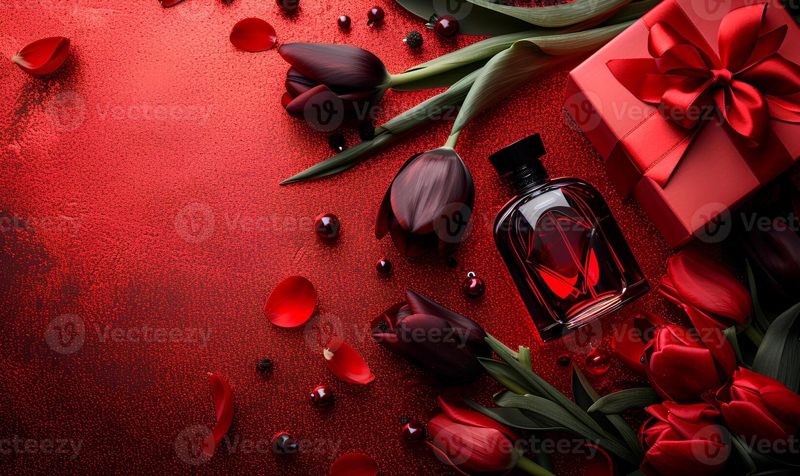 ai gegenereerd fles van parfum en tulpen Aan roze achtergrond, voorjaar vlak leggen foto