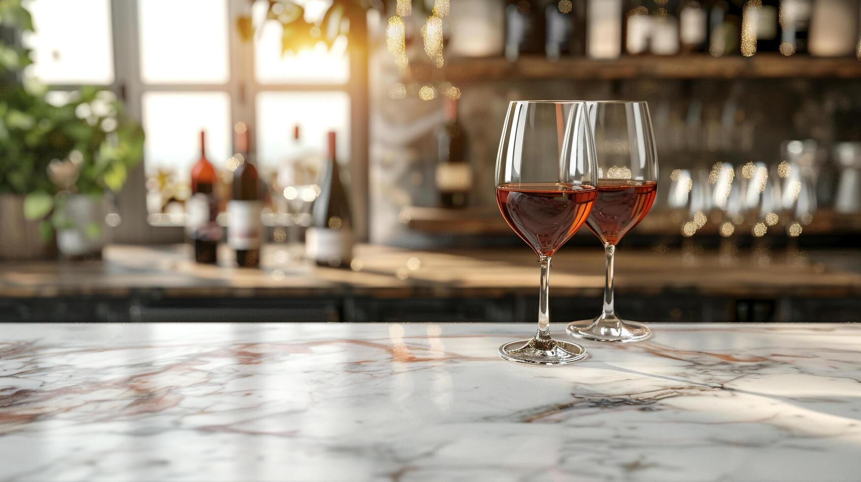 ai gegenereerd een blanco marmeren tafelblad met wazig wijn bril en flessen in de achtergrond geschikt voor presentatie van wijn of drank producten foto
