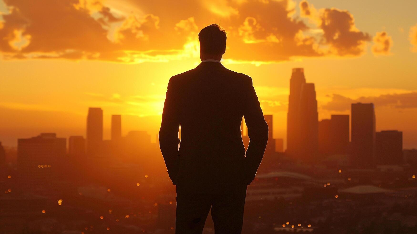 ai gegenereerd een zakenman staand in voorkant van een stad horizon overweegt toekomst bedrijf inspanningen met een visie bord in hand- foto