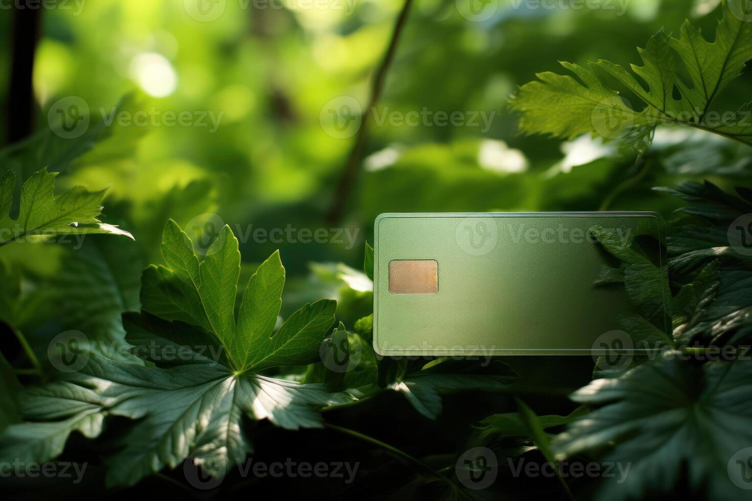 ai gegenereerd een credit kaart genesteld tussen levendig groen bladeren, symboliseert milieuvriendelijk bankieren. kopiëren ruimte.groen financiën concept. foto