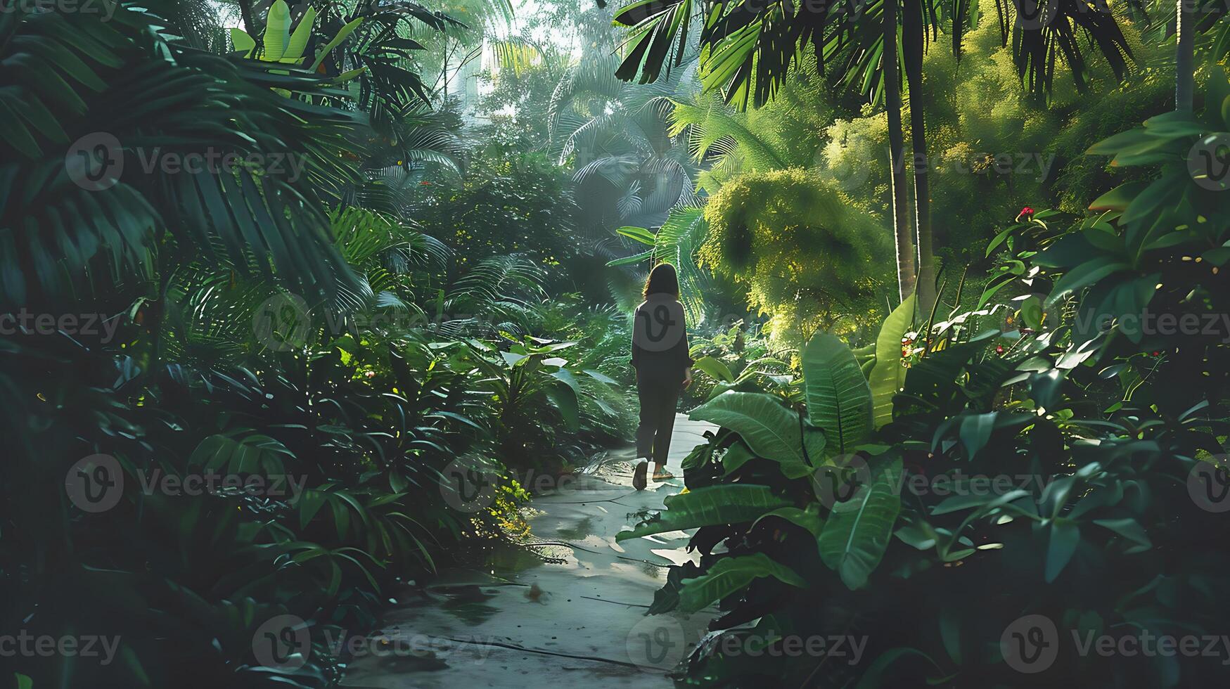 ai gegenereerd vrouw wandelen Aan een mystiek tuin pad foto